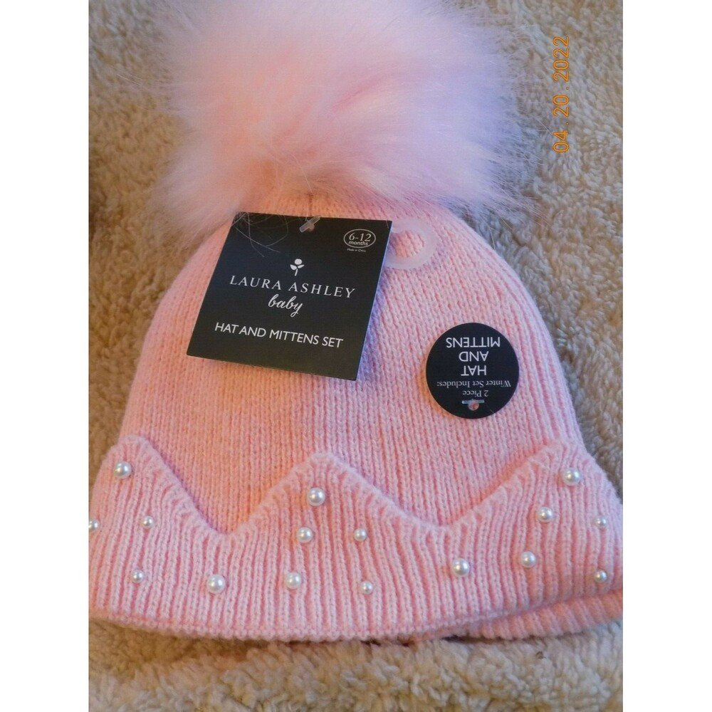 New Laura Ashley infant baby hat mitten set 6-12 months